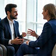 Financial coach speaking with a client in a modern office